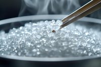Metallic tweezers holding crystal-like substance over pile of translucent granules in laboratory dish with dramatic smoke effect, macro photography in cool tones.