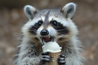 Adorable raccoon enjoying vanilla ice cream cone with excited expression, showing teeth while holding treat with both paws against blurred natural background.