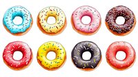 Colorful glazed donuts with sprinkles and frosting on white background, isolated sweet dessert elements for menu design, packaging and food illustrations.