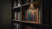 Wooden bookshelf with colorful books illuminated by warm lighting in cozy library or study room interior for reading and education concepts.
