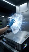 Hand wearing blue glove touching glowing digital shield with electric lightning bolts in futuristic laboratory setting with server equipment and LED displays.