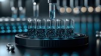 Laboratory test tubes with blue glowing liquid in circular holder on dark background with bokeh lights, scientific research and biotechnology concept.