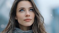 Young woman with blue eyes and long brown hair looking up thoughtfully against blurred urban background, conveying hope and aspiration.