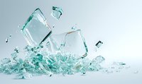 Shattered glass cubes with turquoise tint exploding against light background, creating dynamic splash effect with flying fragments and sharp edges.