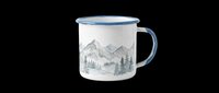 Enamel camping mug with mountain landscape design, isolated on transparent background, ready for print-on-demand, sublimation, and merchandise design use.