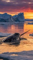 Narwhal swimming in arctic waters at golden sunset with icebergs, suitable for wildlife and nature editorial use.