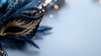 Elegant black feathers with golden glitter sparkles and warm bokeh lights creating luxurious festive atmosphere for holiday celebrations and party designs.