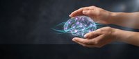 Hands holding glowing digital brain with neural connections, representing artificial intelligence, innovation, and technology solutions for business and science applications.