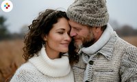 Romantic couple in warm knit sweaters and winter accessories share intimate moment outdoors in autumn field, expressing genuine connection and tenderness.
