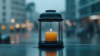 Glowing candle in black lantern against blurred urban background with bokeh lights and raindrops, creating atmospheric moody evening ambiance.