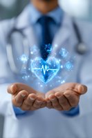 Medical professional in white coat holding glowing digital heart with pulse line and healthcare icons, representing modern healthcare technology and cardiology.