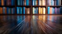 Wooden table surface with dramatic perspective and blur effect against defocused library bookshelf background creating atmospheric study environment.