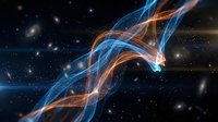 Glowing blue and orange energy waves flowing through cosmic space with stars and galaxies, representing data transmission, technology, and universal connection for digital backgrounds.