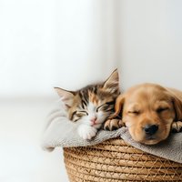 Adorable kitten and puppy sleeping together in wicker basket. Cute pets friendship concept for veterinary care, animal adoption campaigns.