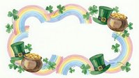 St. Patrick's Day frame with rainbow, leprechaun hat, pot of gold and shamrocks on white background for festive greeting cards and decorations.