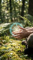Hands holding glowing compass hologram in forest setting with natural sunlight and green foliage for navigation and outdoor adventure concepts.