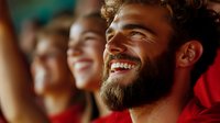 Young bearded Caucasian man with bright genuine smile looking up with joy and hope while enjoying positive moment among diverse crowd at event.