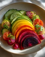 Vibrant rainbow vegetable salad with sliced cucumber, yellow squash, carrot, beet, radish, and cherry tomatoes garnished with fresh herbs in ceramic bowl.