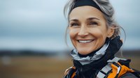 Active mature Caucasian woman with radiant smile wearing sports gear and backpack outdoors during hiking adventure. Natural gray hair styled casually under headband.