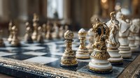 Ornate luxury chess set with gold-accented ivory pieces on blue marble board, showcasing intricate craftsmanship for strategic gameplay.