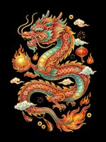 Ornate Asian dragon with flowing mane, scales in red, gold, and turquoise, surrounded by flames, clouds, and lanterns. Isolated on transparent background, ready for t-shirts, stickers, sublimation, and print-on-demand designs.