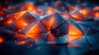 Abstract geometric surface with glowing orange light and blue shadows creating dynamic triangular pattern, modern technology concept for digital backgrounds.