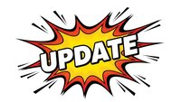 Comic book style explosion burst with UPDATE text in bold white letters on yellow center with red orange flames and black motion lines on white background.