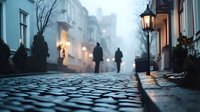 Atmospheric cobblestone street in foggy evening with silhouettes of people walking and vintage street lamps illuminating historic buildings.