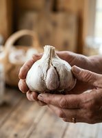 Fresh garlic bulb held in hands of farmer or cook in rustic kitchen setting. Suitable for food, cooking, agriculture, and culinary content.