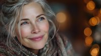 Mature woman with silver hair smiling warmly against blurred golden bokeh background, conveying happiness and contentment in cozy winter atmosphere.
