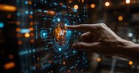 Human hand touching futuristic AI interface with glowing circles and digital elements on dark background with bokeh lights, representing artificial intelligence technology.