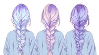 Three women with long braided hair in pastel purple and blue tones shown from behind, wearing matching light gray sweaters, arranged in symmetrical composition.