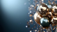 Festive gold and blue balloons with glitter sparkles on dark background, elegant holiday celebration atmosphere for party invitations and events.