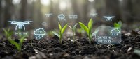 Smart agriculture technology with drones monitoring green seedlings growth in fertile soil. Digital farming innovation for sustainable crop management.