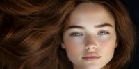Young woman with red hair, freckles and blue eyes looking directly at camera against dark background, natural beauty portrait with soft lighting and minimal makeup.
