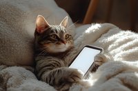 Tabby cat lying on cozy white blanket holding smartphone, looking at bright screen in warm sunlight. Humorous concept of pets using modern technology.