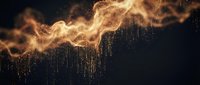 Abstract golden particle wave with flowing data streams and glowing effects on dark background for technology and digital transformation concepts.
