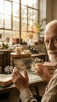 Senior Caucasian male scientist examining molecular structure on tablet in bright laboratory workspace with natural lighting and research equipment.