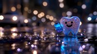 Glowing tooth character with happy smile on reflective surface surrounded by bokeh lights and magical sparkles in blue and pink colors. Dental care concept.