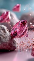 Pink diamond gemstones with sparkling facets resting on natural stone against turquoise background with bokeh light effects.