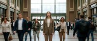 Confident businesswoman standing still in busy train station while commuters rush past in motion blur, representing leadership and focus in corporate environment.