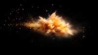 Orange powder explosion on black background with floating particles creating dynamic cloud formation and dramatic lighting effect for cosmetic and art projects.