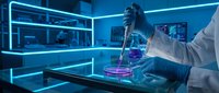 Scientist in white coat and gloves conducting laboratory experiment with liquid sample in futuristic neon-lit research facility, suitable for biotech, pharmaceutical, and scientific innovation projects.