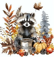 Cute raccoon with coffee cup surrounded by autumn leaves, pumpkins, pine cones and forest elements in watercolor style on white background, fall season artwork.
