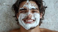 Young Hispanic man with white facial mask smiling broadly, showing perfect white teeth. Natural skincare and male grooming concept for spa and wellness advertising.