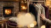 Cozy autumn interior with fireplace, clothing rack displaying knit sweaters, warm lighting, and bokeh effects creating comfortable home atmosphere.