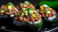 Stuffed round zucchini with seasoned ground meat, topped with fresh herbs and colorful bell peppers on black plate, close up view with selective focus.