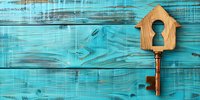 Vintage brass key with wooden house-shaped handle on turquoise rustic wooden background. Real estate concept with copy space for text.