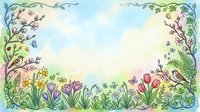 Watercolor spring garden border with blooming flowers, butterflies and birds on soft pastel background for greeting cards, invitations and seasonal designs.