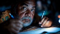 Middle-aged Hispanic man with gray beard working late at night, illuminated by blue light while writing or drawing with focused concentration and dramatic lighting.